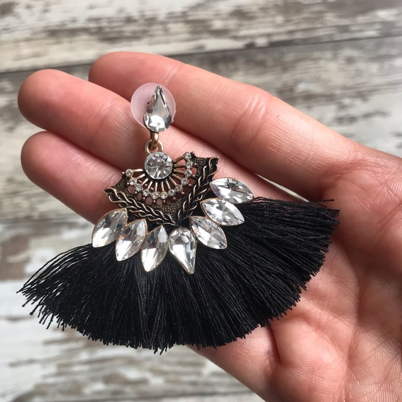 NWOT Jeweled Black Tassel Earrings - Picture 4 of 7